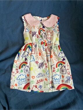 Girls White Rainbow & Sunshine Print Dress with Pink Collar